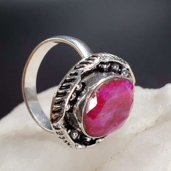 Genuine Cabochon Raw Pink Ruby Stone Silver Ring - Picture 2 of 4